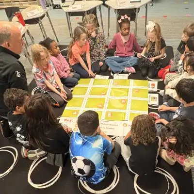 Image of students sitting around a map